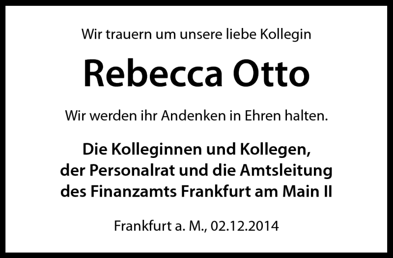  Traueranzeige für Rebecca Otto vom 02.12.2014 aus Südthüringer Presse
