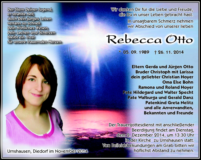  Traueranzeige für Rebecca Otto vom 29.11.2014 aus Südthüringer Presse
