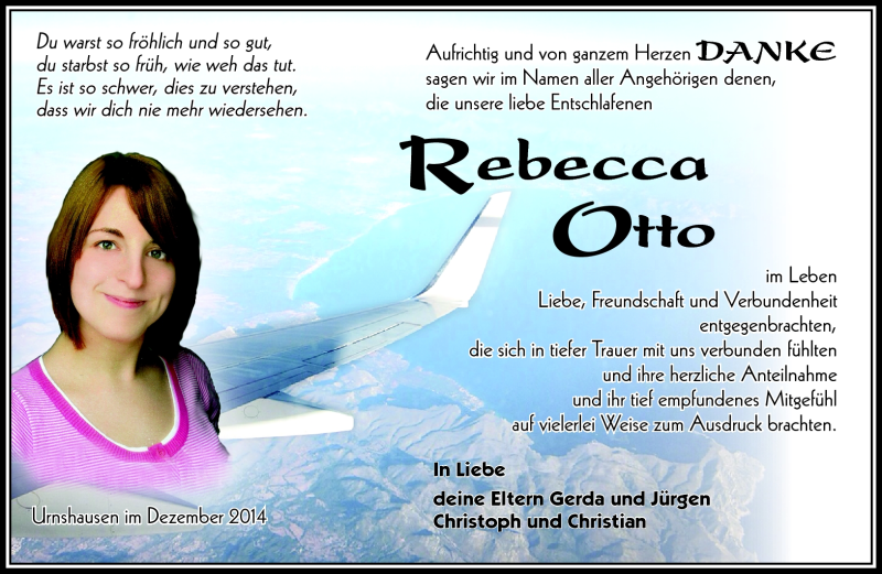  Traueranzeige für Rebecca Otto vom 13.12.2014 aus Südthüringer Presse