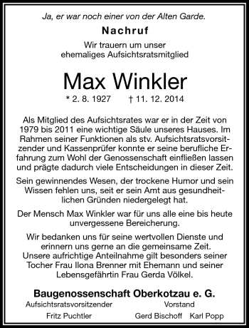Traueranzeige von Max Winkler von Frankenpost