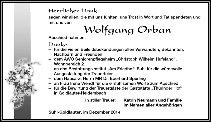  Traueranzeige für Wolfgang Orban vom 30.12.2014 aus Südthüringer Presse
