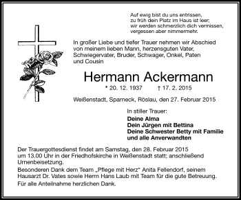 Traueranzeige von Hermann Ackermann von Frankenpost