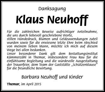 Traueranzeige von Klaus Neuhoff von Südthüringer Presse