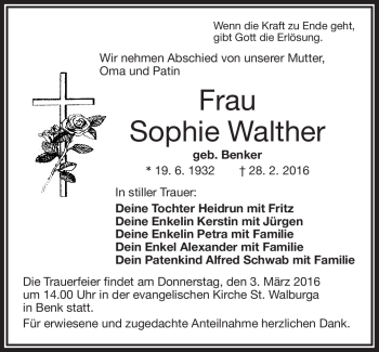 Traueranzeige von Sophie Walther von Frankenpost