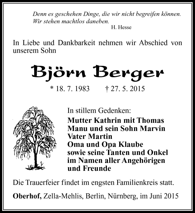  Traueranzeige für Björn Berger vom 06.06.2015 aus Südthüringer Presse