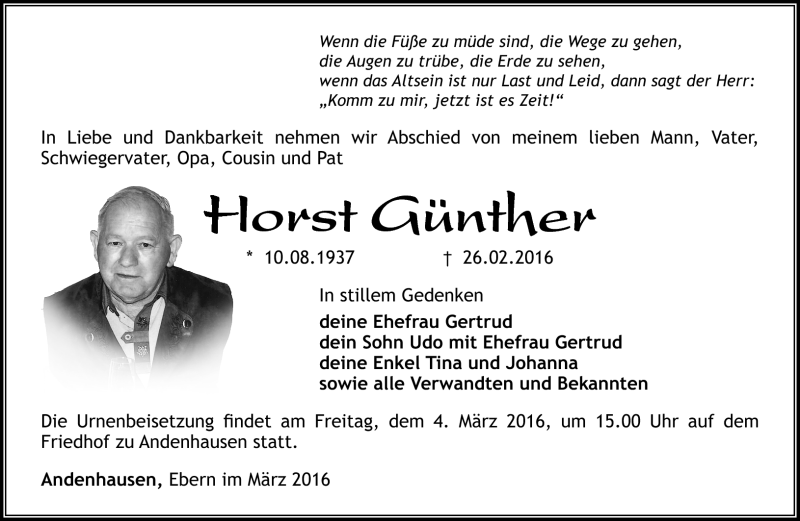  Traueranzeige für Horst Günther vom 01.03.2016 aus Südthüringer Presse