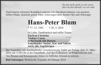 Traueranzeige von Hans-Peter Blum von Südthüringer Presse