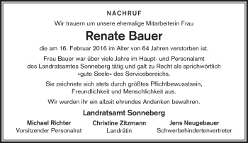Traueranzeige von Renate Bauer von Südthüringer Presse
