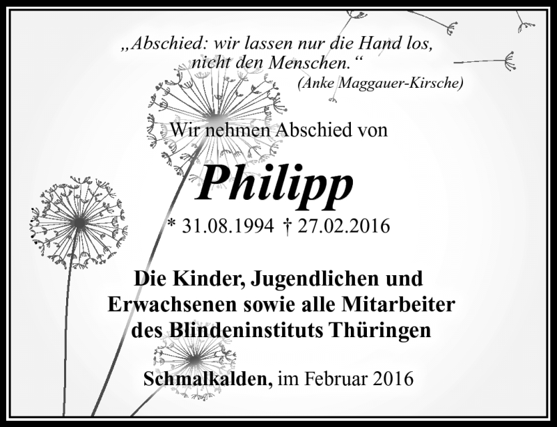  Traueranzeige für Philipp  vom 05.03.2016 aus Südthüringer Presse