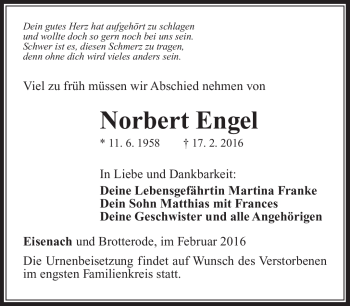 Traueranzeige von Norbert Engel von Südthüringer Presse