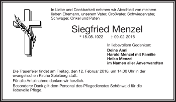 Traueranzeige von Siegfried Menzel von Frankenpost