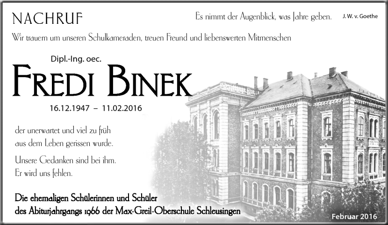  Traueranzeige für Fredi Binek vom 26.02.2016 aus Südthüringer Presse