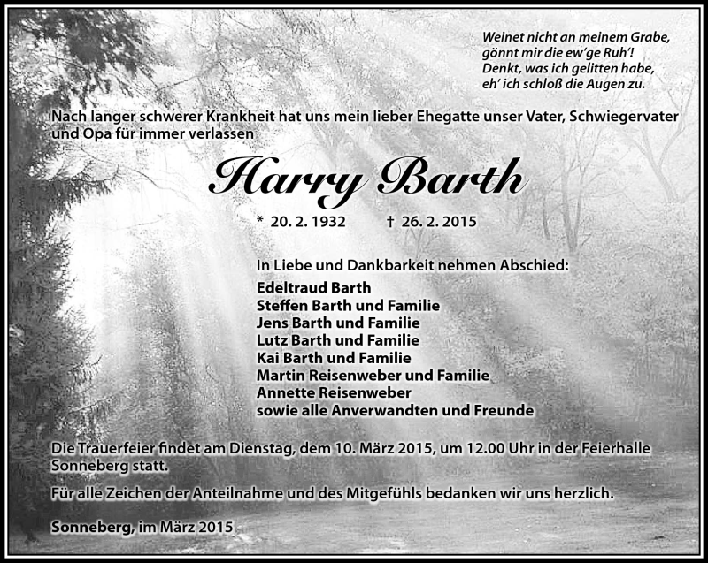  Traueranzeige für Harry Barth vom 04.03.2015 aus Südthüringer Presse
