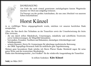 Traueranzeige von Horst Künzel von Südthüringer Presse