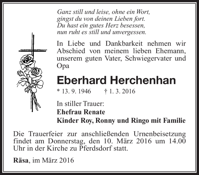  Traueranzeige für Eberhard Herchenhan vom 07.03.2016 aus Südthüringer Presse