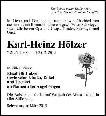 Traueranzeige von Karl-Heinz Hölzer von Südthüringer Presse
