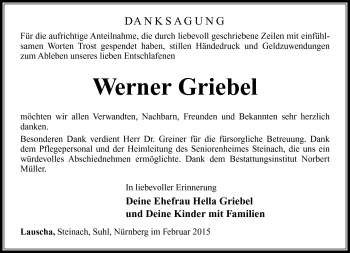 Traueranzeige von Werner Griebel von Südthüringer Presse
