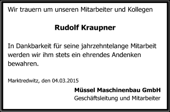 Traueranzeige von Rudolf Kraupner von Frankenpost