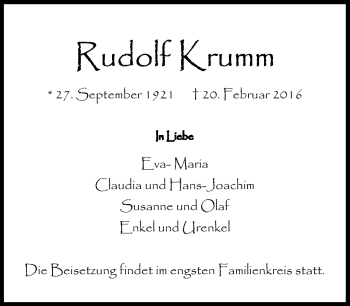 Traueranzeige von Rudolf Krumm von Südthüringer Presse