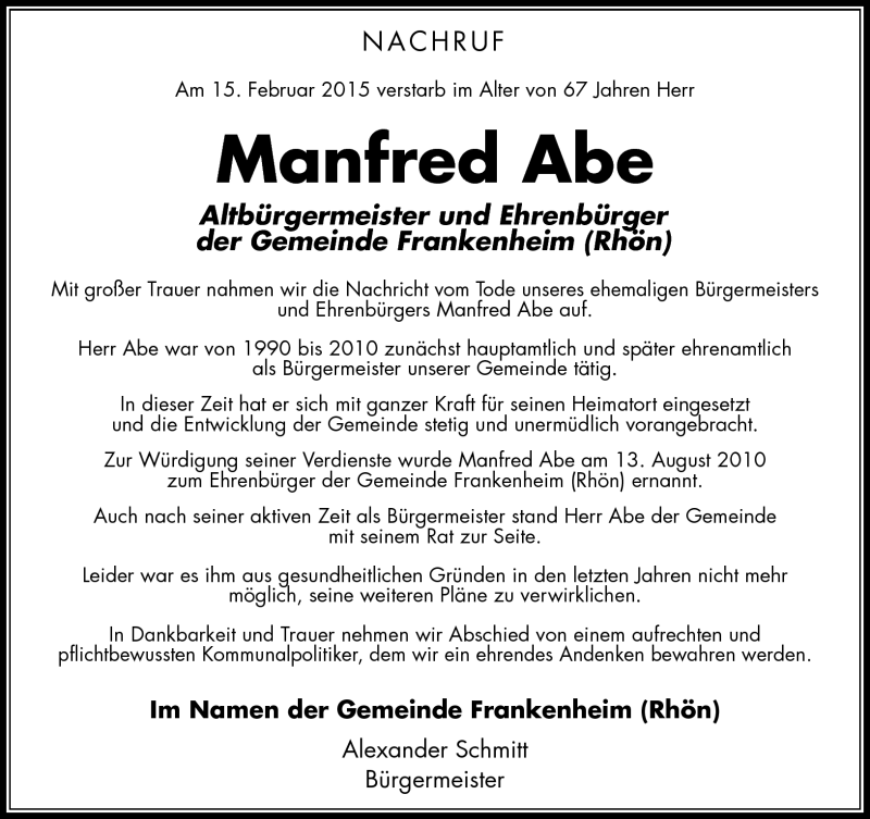  Traueranzeige für Manfred Abe vom 18.02.2015 aus Südthüringer Presse