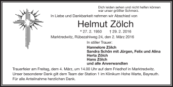 Traueranzeige von Helmut Zölch von Frankenpost