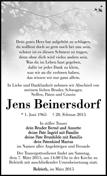 Traueranzeige von Jens Beinersdorf von Südthüringer Presse