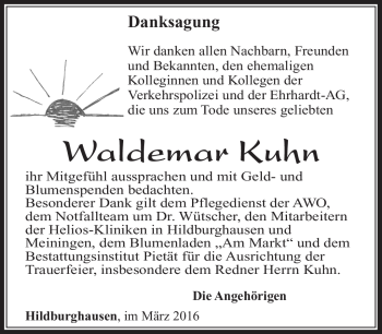 Traueranzeige von Waldemar Kuhn von Südthüringer Presse