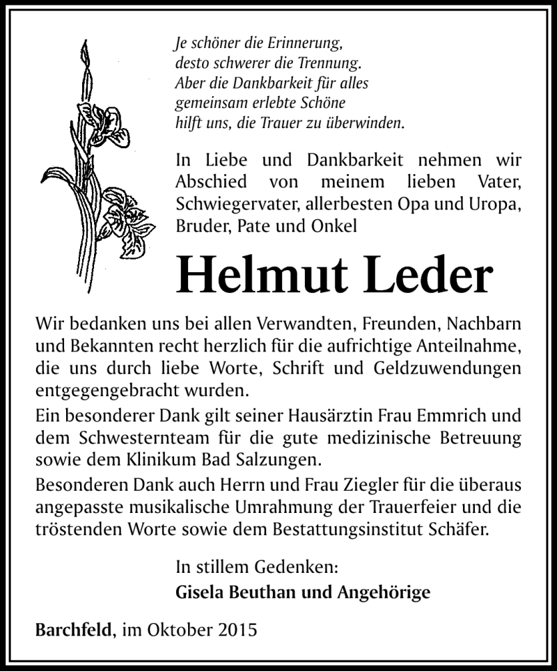 Traueranzeigen von Helmut Leder