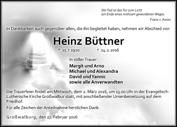 Traueranzeige von Heinz Büttner von Neue Presse Coburg