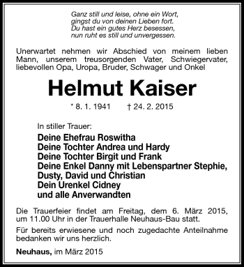 Traueranzeige von Helmut Kaiser von Südthüringer Presse