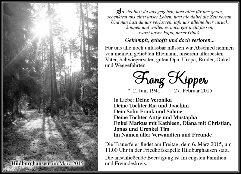 Traueranzeige für Franz Kipper vom 04.03.2015 aus Südthüringer Presse