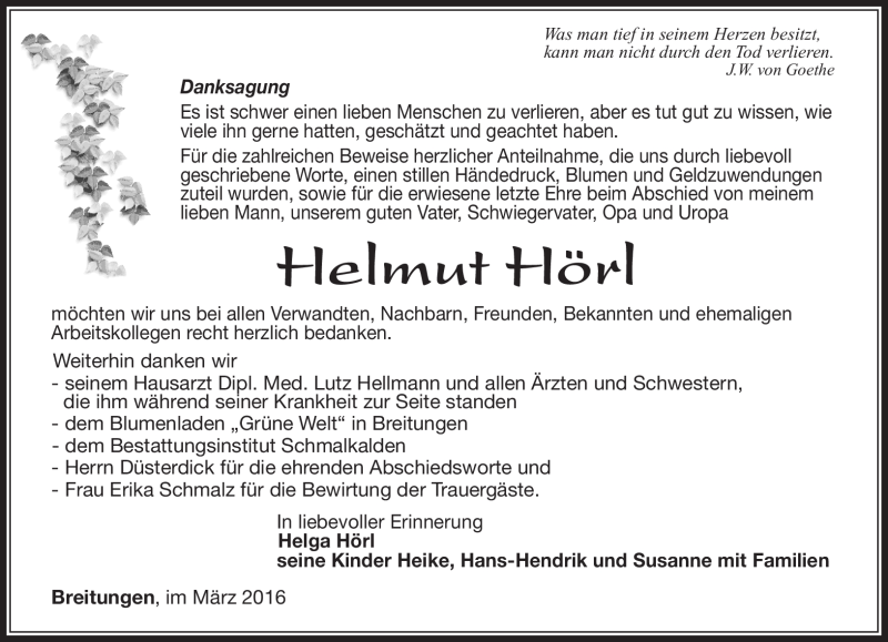  Traueranzeige für Helmut Hörl vom 12.03.2016 aus Südthüringer Presse