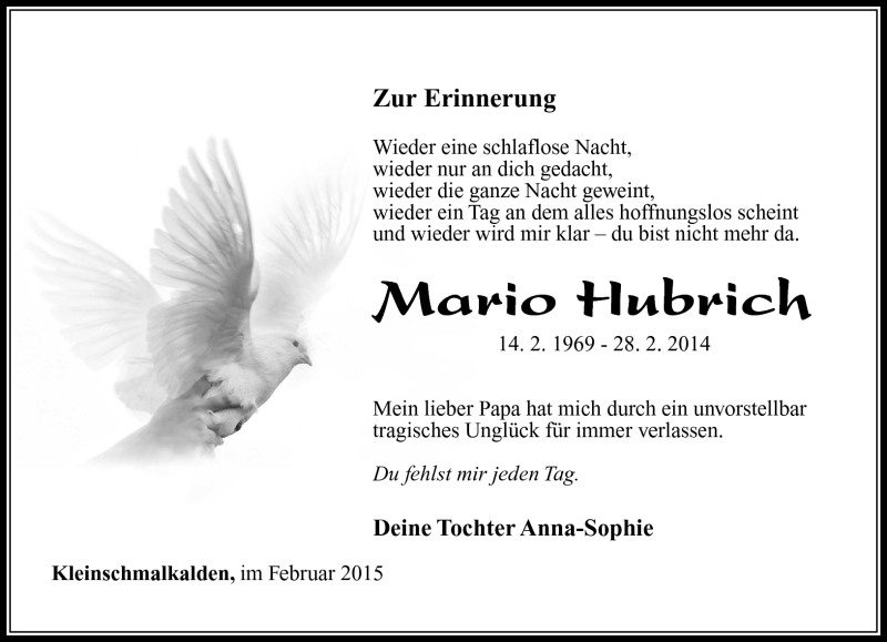 Traueranzeige für Mario Hubrich vom 28.02.2015 aus Südthüringer Presse