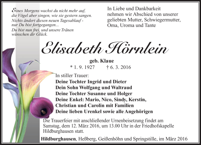  Traueranzeige für Elisabeth Hörnlein vom 09.03.2016 aus Südthüringer Presse
