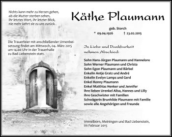 Traueranzeige von Käthe Plaumann von Südthüringer Presse