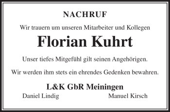 Traueranzeige von Florian Kuhrt von Südthüringer Presse