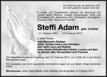 Traueranzeige von Steffi Adam von Südthüringer Presse
