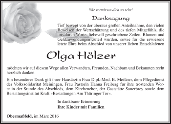 Traueranzeige von Olga Hölzer von Südthüringer Presse