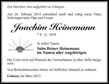 Traueranzeige von Joachim Heinemann von Südthüringer Presse