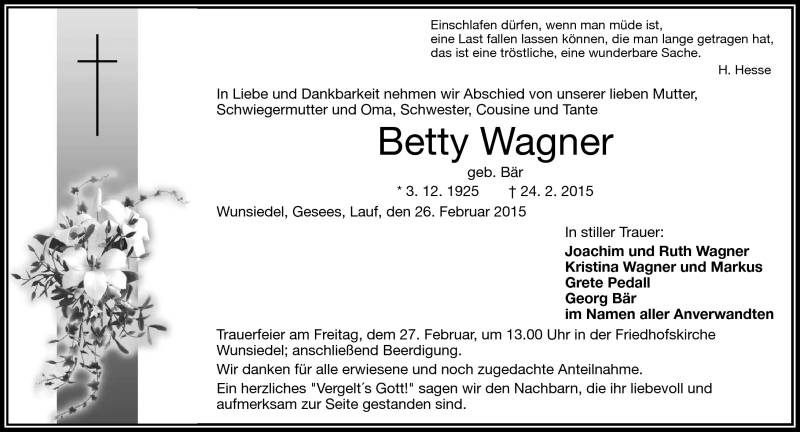  Traueranzeige für Betty Wagner vom 26.02.2015 aus Frankenpost