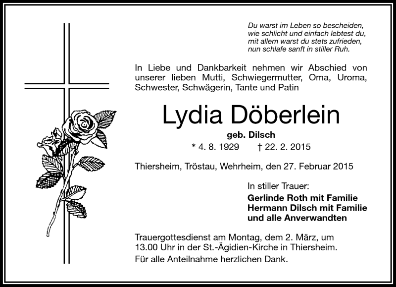  Traueranzeige für Lydia Döberlein vom 27.02.2015 aus Frankenpost
