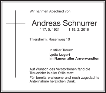 Traueranzeige von Andreas Schnurrer von Frankenpost