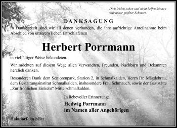 Traueranzeige von Herbert Pormann von Südthüringer Presse