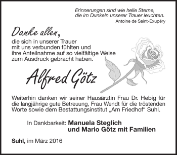 Traueranzeige von Alfred Götz von Südthüringer Presse