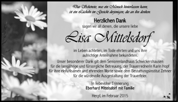 Traueranzeige von Lisa Mittelsdorf von Südthüringer Presse