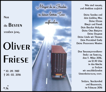 Traueranzeige von Oliver Friese von Südthüringer Presse