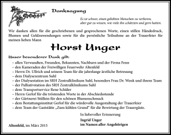 Traueranzeige von Horst Unger von Südthüringer Presse