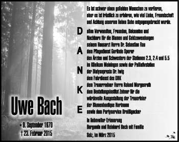 Traueranzeige von Uwe Bach von Südthüringer Presse