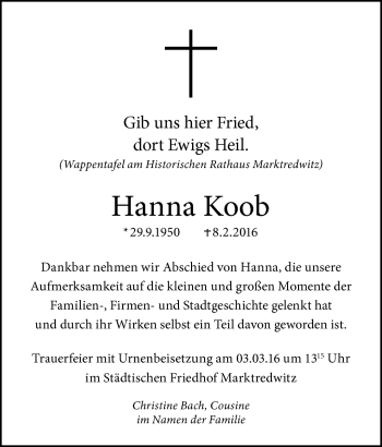 Traueranzeige von Hanna Koob von Frankenpost