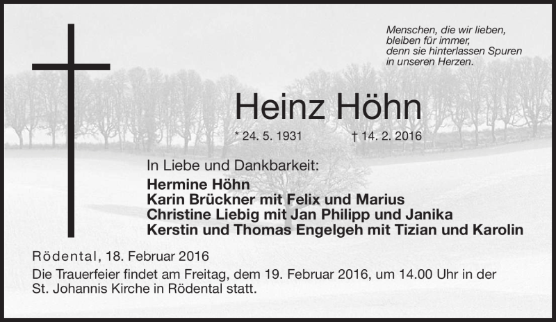  Traueranzeige für Heinz Höhn vom 17.02.2016 aus Neue Presse Coburg